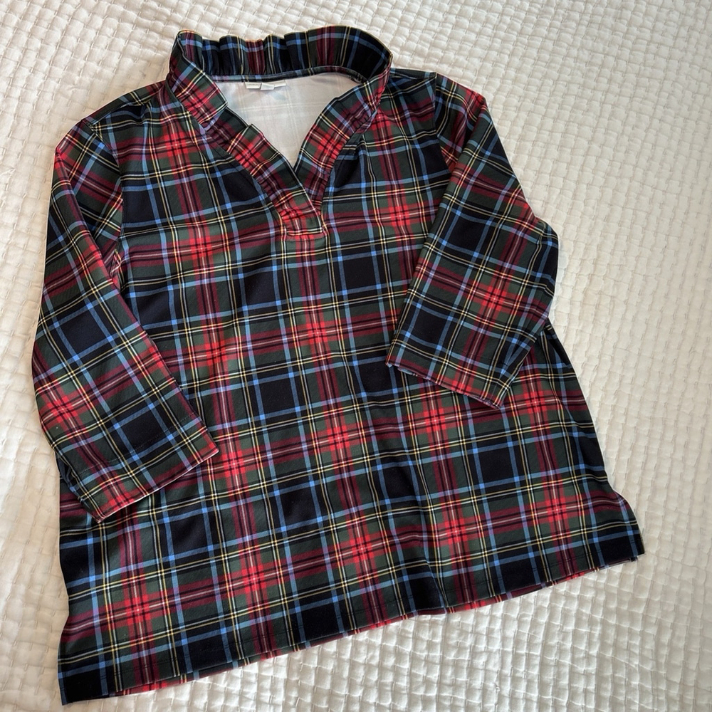 Appleseeds Ruffled Vneck Tartan Plaid Tunic Blouse red green 3/4 Sleeves Sz XL